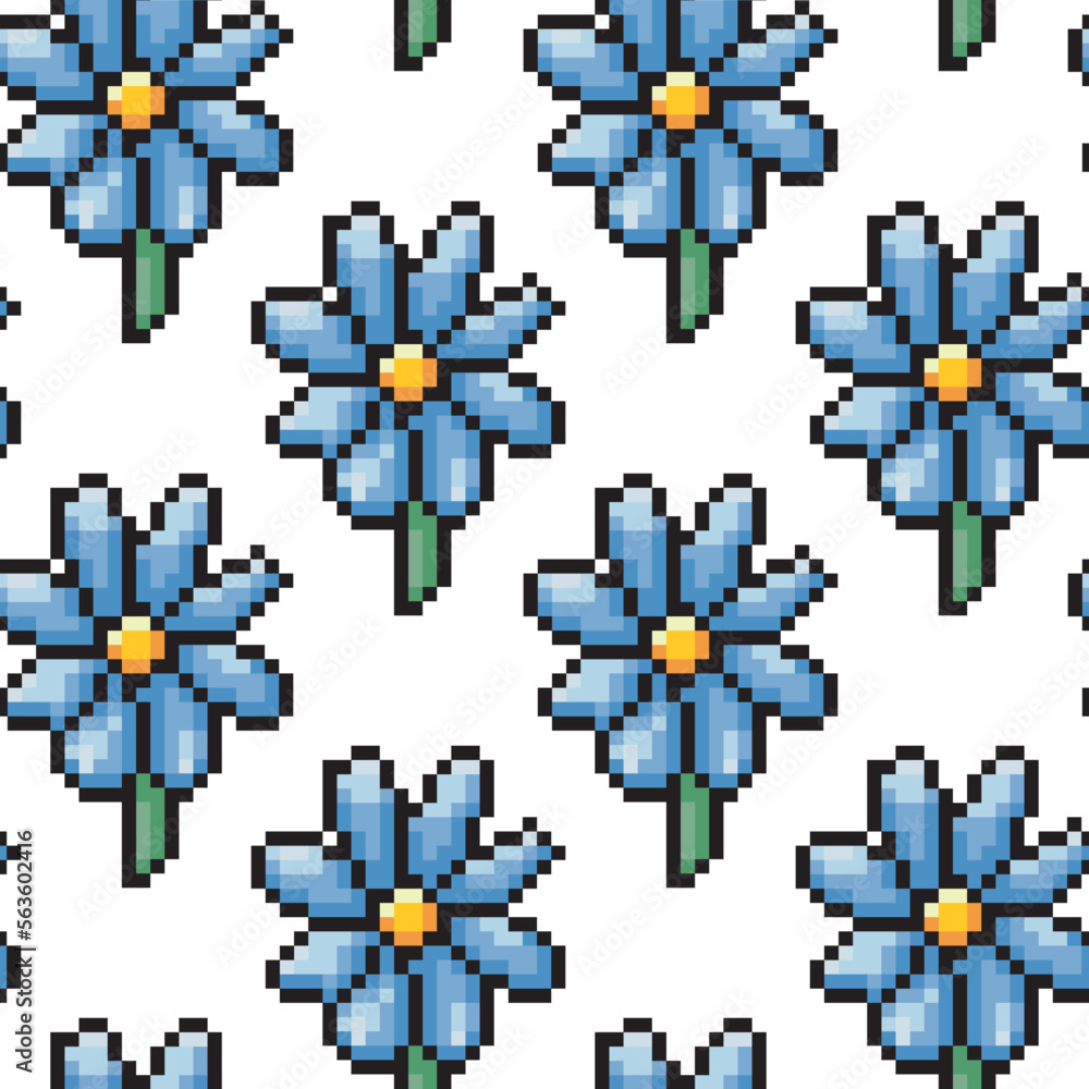 seamless pattern pixel blue flower isolated on white background