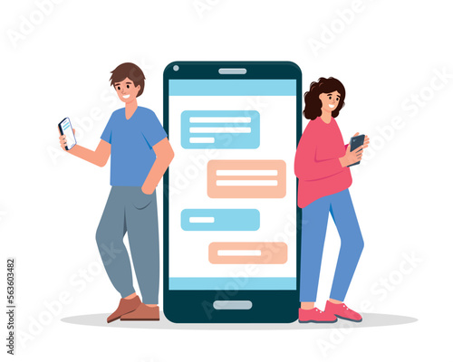 Young smiling man and woman holding phone for communication, chatting, read news and write messages in social media and big smartphone with chat or sms. Vector illustration.