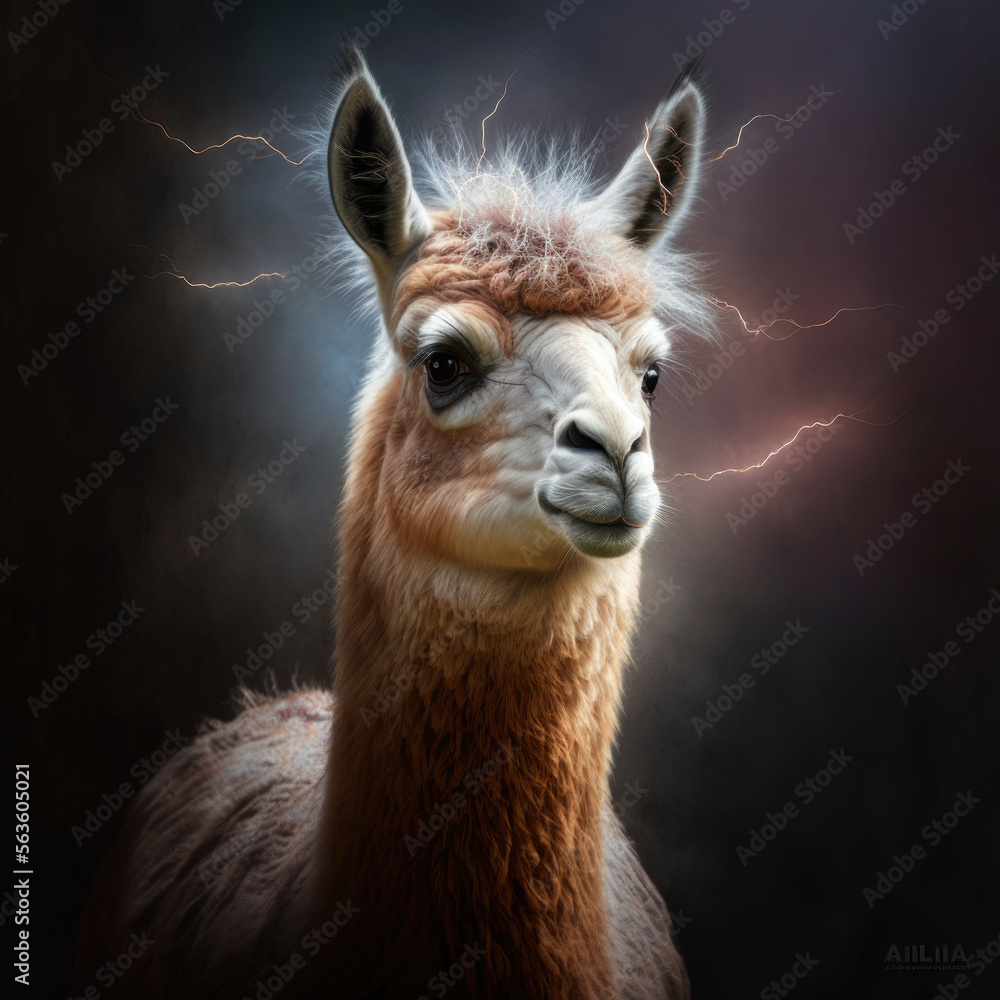 Portrait of a llama on a black background. generative ai
