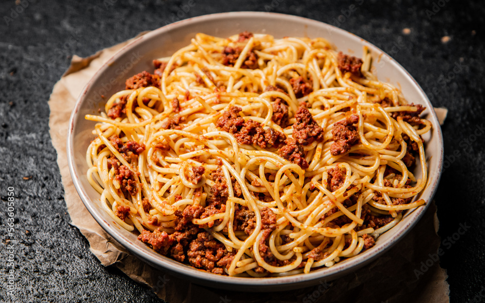 Ready made spaghetti bolognese on the table. Ready made spaghetti bolognese on the table.