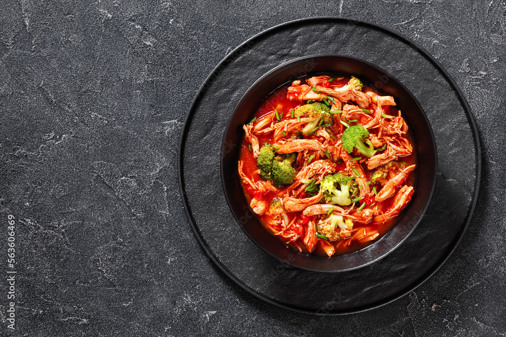 slow-cooked shredded chicken breast stew, top view slow-cooked shredded chicken breast stew, top view