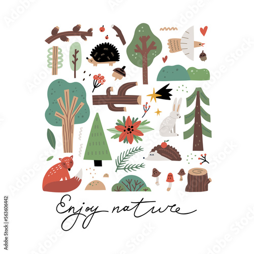 Forest childish poster. Woodland kids card. Enjoy nature hand drawn lettering. Clothes baby print. Coniferous trees, doodle hare and fox. Vector cartoon isolated illustration