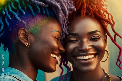 Young aged black lesbian couple deep in love and laughing. Have a romantic time. Beautiful sunlight. Generative AI © Pixelkingdom
