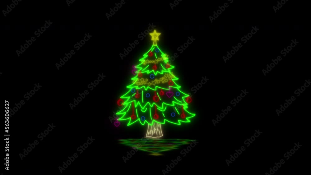 Animated neon christmas tree with black background and reflection below. Created in January 2023