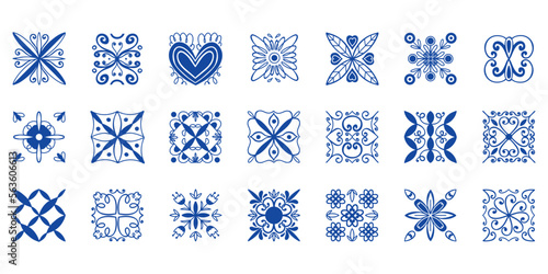 Blue tile set. Hand drawn curve and floral ornament. Mediterranean or arabic ceramic. Blue and white colors, logo template, oriental emblem or logotype. Mosaic elements vector isolated illustration