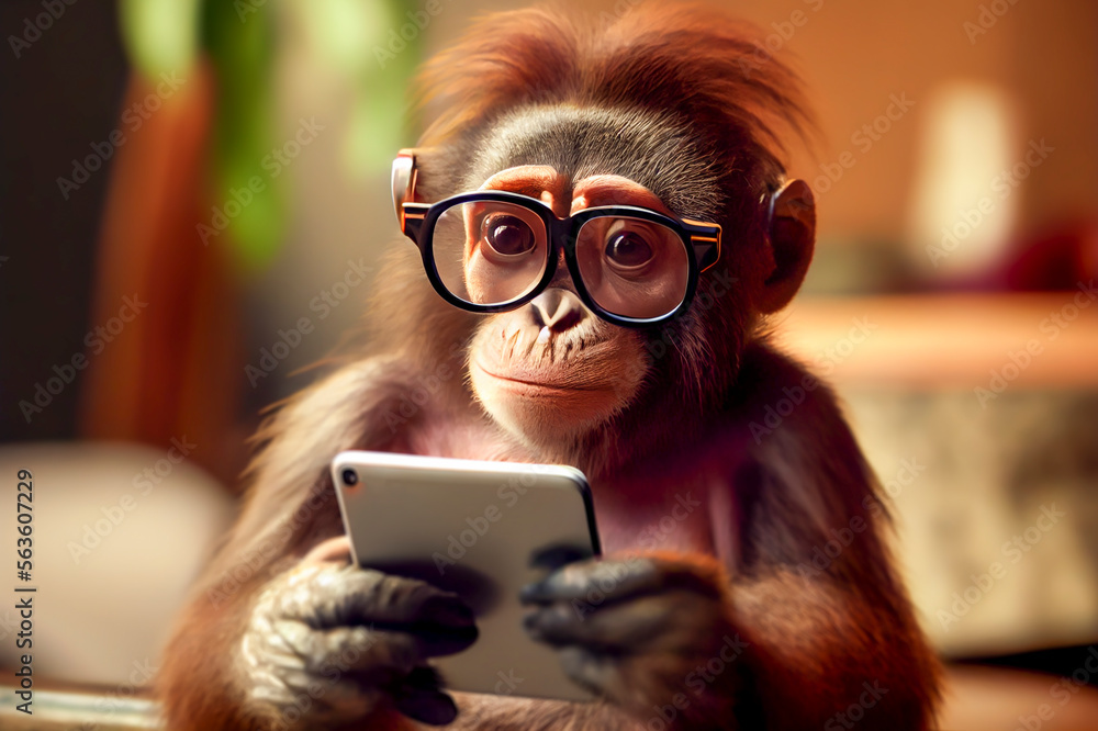 Funny intelligent monkey in glasses reading a book, ai illustration