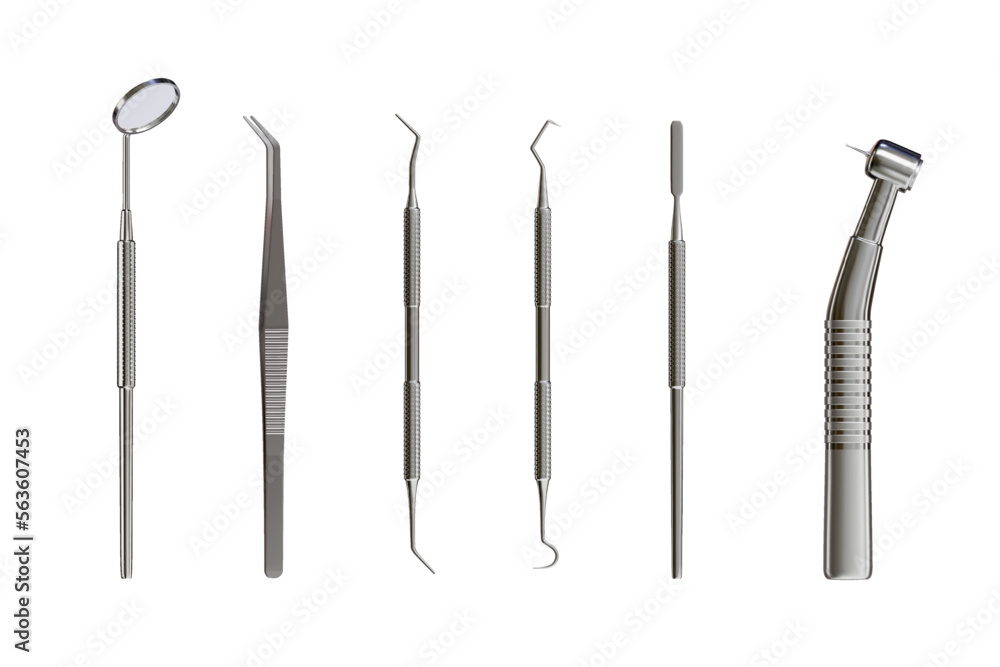 3d realistic professional dental tools set for dentistry inspection