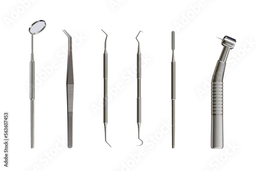 3d realistic professional dental tools set for dentistry inspection. Teeth care, health concept. Basic metal medical equipment, instrument top view. Vector illustration isolated on white background