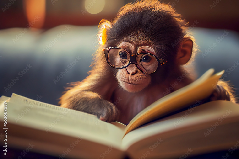 Funny intelligent monkey in glasses reading a book, ai illustration Funny intelligent monkey in glasses reading a book, ai illustration