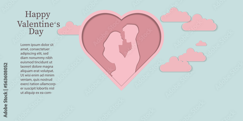 Pink couple in frame with  clouds on blue background , pastel paper cut style , Vector illustration ,love and Valentine's day Concept
