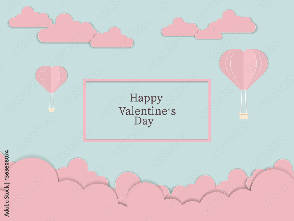 Pink heart balloon on sky with  clouds on blue background , pastel paper cut style , Vector illustration ,love and Valentine's day Concept
