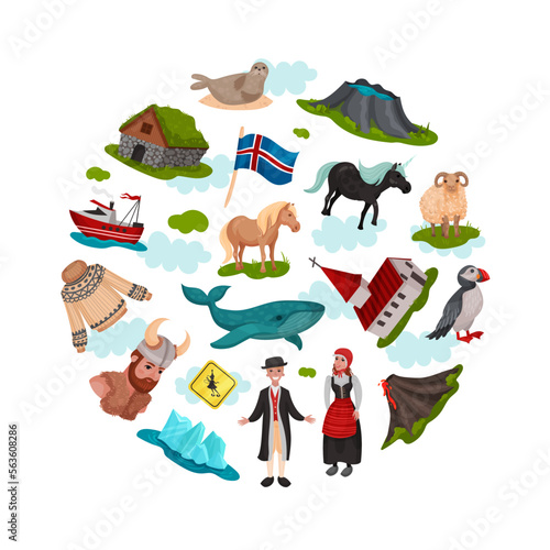 Iceland Travel Round Composition with Country Symbols Vector Template