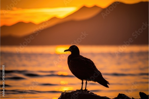 Backlit with a seagull in the foreground and a amazing golden sunset in the background. Generative AI