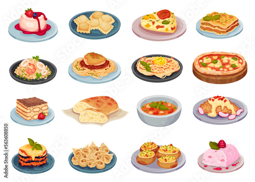 Italian Food and Dishes Served on Plate Big Vector Set