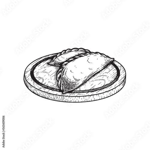 Hand drawn sketch style empanadas cheburek on the wooden cutting board. Traditional pie with meat. Fast food vector drawing. Best for menu and package designs. Vector illustration.