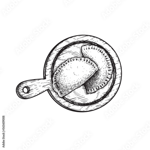 Hand drawn sketch style empanadas cheburek on the wooden cutting board. Top view. Traditional pie with meat. Fast food vector drawing. Best for menu and package designs. Vector illustration.
