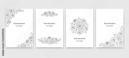 薔薇の花の装飾デザイン, カードのテンプレートセット, 白背景に黒色のイラスト. 結婚式, バレンタイン, 記念日, お祝いのコンセプト.