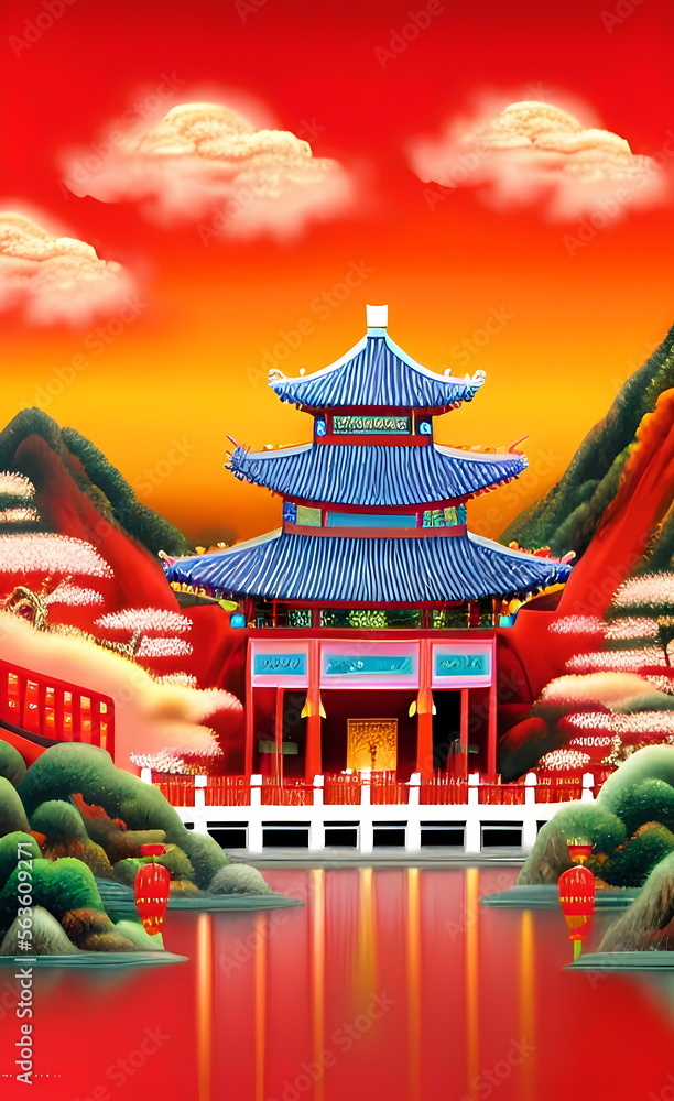 Obraz premium Red Chinese royal scene background created by generative AI, AI generated