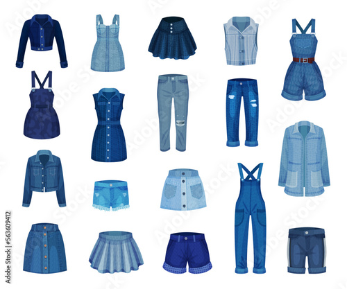 Denim and Jeans Clothes as Female Dress and Wear Big Vector Set