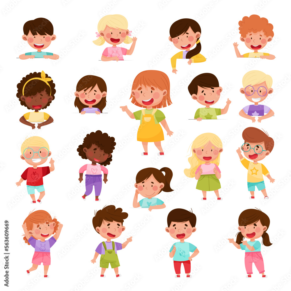 Kid Characters Pointing at Something with Their First Finger Big Vector Illustration Set