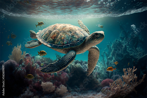 Underwater turtle swimming in sea. detailed image with Generative AI technology