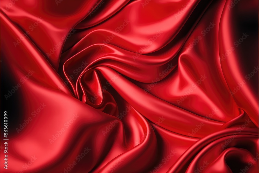 Obraz premium Red silk wallpaper. A lot of crumpled folds. Romantic background. Generatie AI
