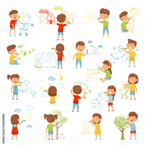 Children Drawing with Crayon on Wall Big Vector Set