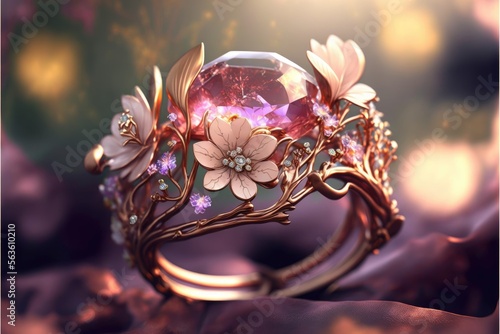 Beautiful female engagement ring with flowers. Pink and gold tones. Blurred background. Generative AI © Gelpi