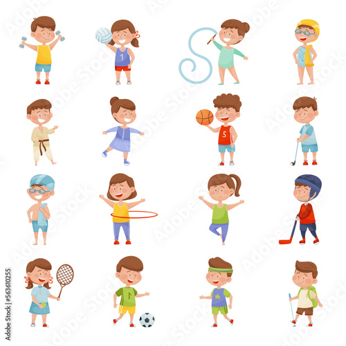 Happy Children Doing Different Sport and Physical Exercise Big Vector Set