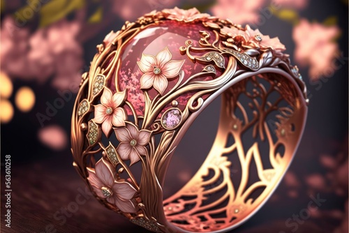 Beautiful female engagement ring with flowers. Pink and gold tones. Blurred background. Generative AI