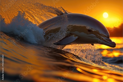 Beautiful portrait of a dolphin jumping from water at the sunset time. Yellow and black tones. Golden moment. Generative AI