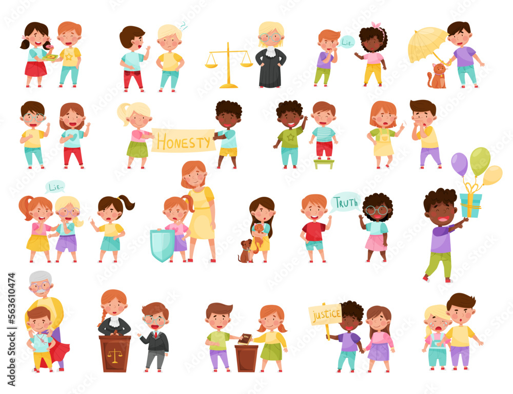 Little Kid Characters Demonstrating Fair and Truth Big Vector Set