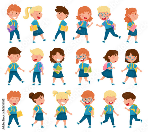 Children Attending Primary School Walking with Book and Backpack Big Vector Set