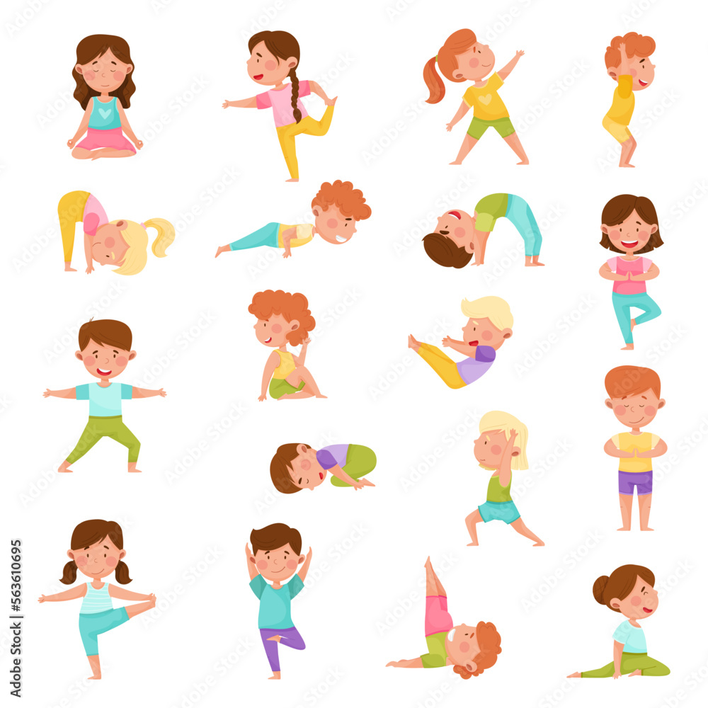 Little Children Doing Yoga Standing in Asana Breathing Big Vector Set Little Children Doing Yoga Standing in Asana Breathing Big Vector Set