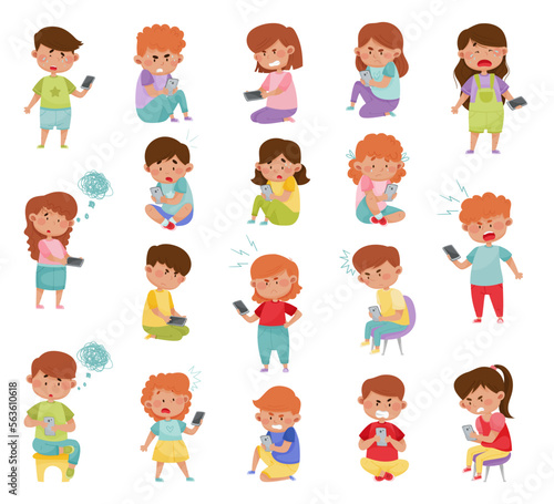 Angry and Frustrated Kids with Mobile Phones Big Vector Set