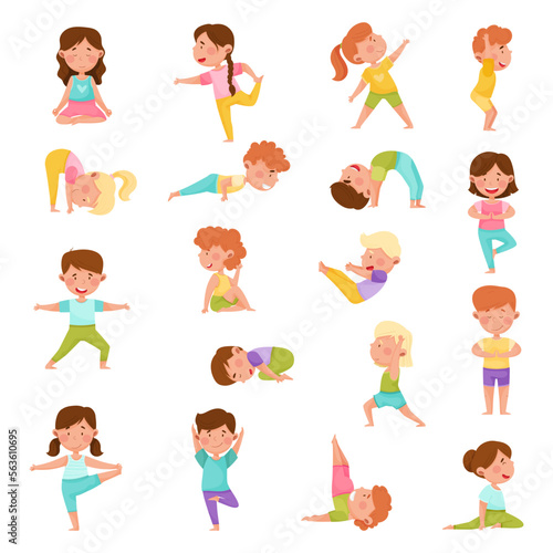 Little Children Doing Yoga Standing in Asana Breathing Big Vector Set