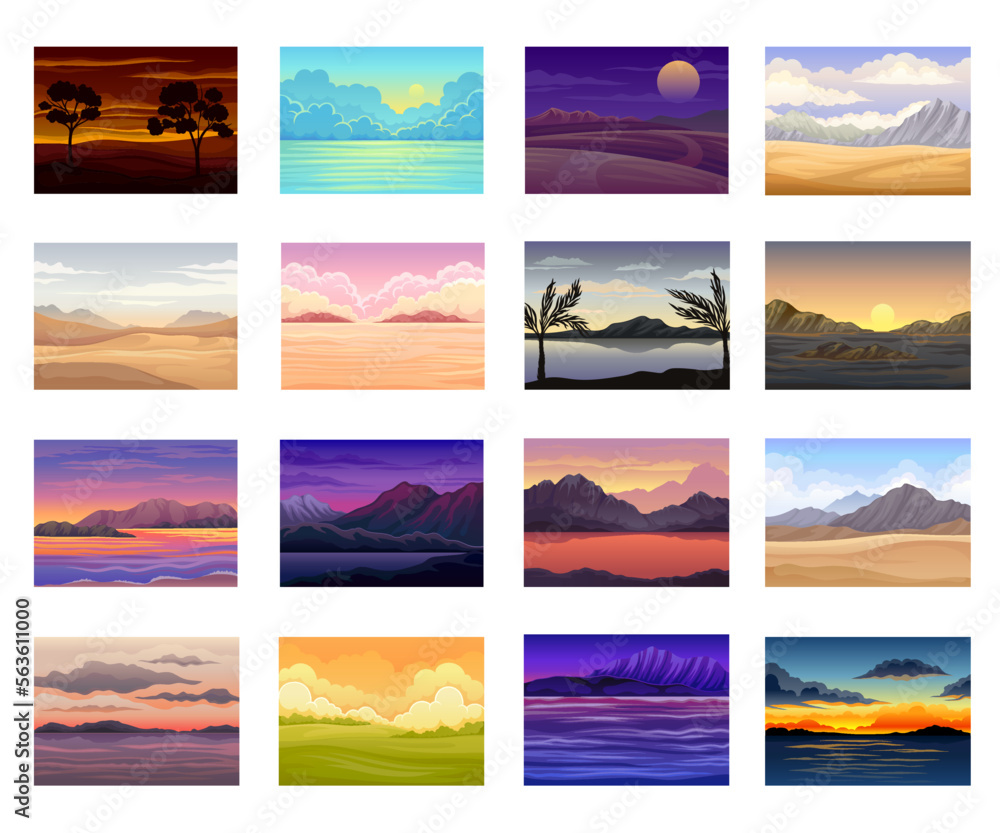 Nature Landscape with Sunset and Sunrise Picturesque Scene Big Vector Set