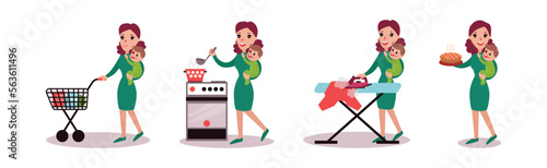 Woman Housewife Doing Housework and Housekeeping Vector Set