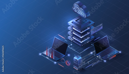 Cloud storage isometric illustration. Glowing data server platform. Blue neon secure platform. Computer service technology. Network infrastructure.