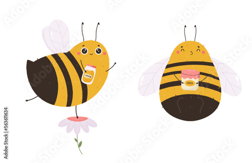 Vector illustration of a cute bees with jars of honey