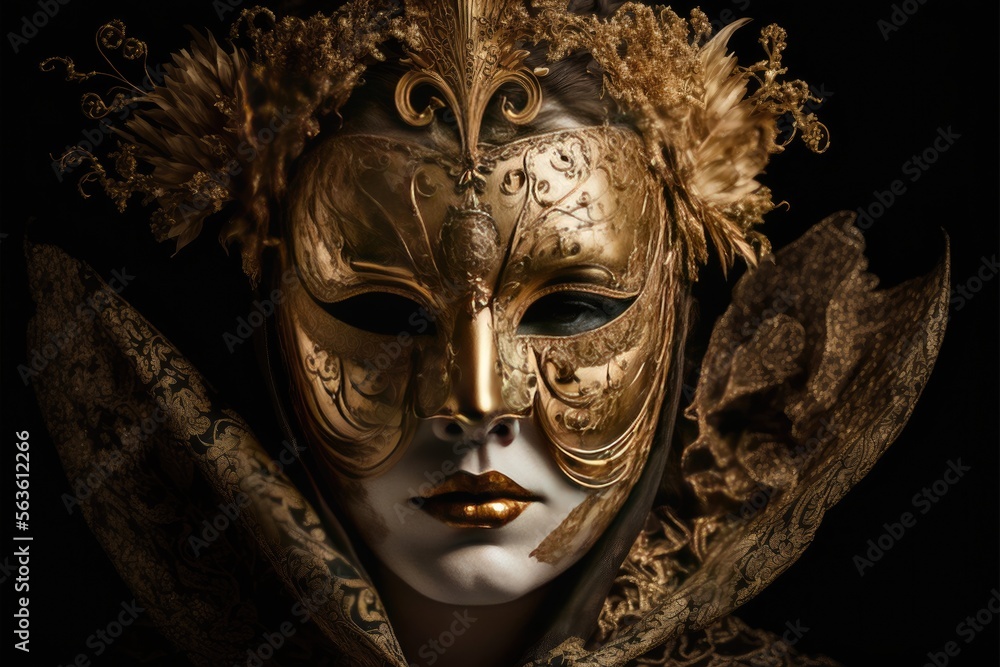 A luxurious golden female costume of Venice Carnival. Character on a black background. Generative AI - obrazy, fototapety, plakaty 