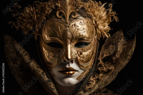 A luxurious golden female costume of Venice Carnival. Character on a black background. Generative AI © Gelpi