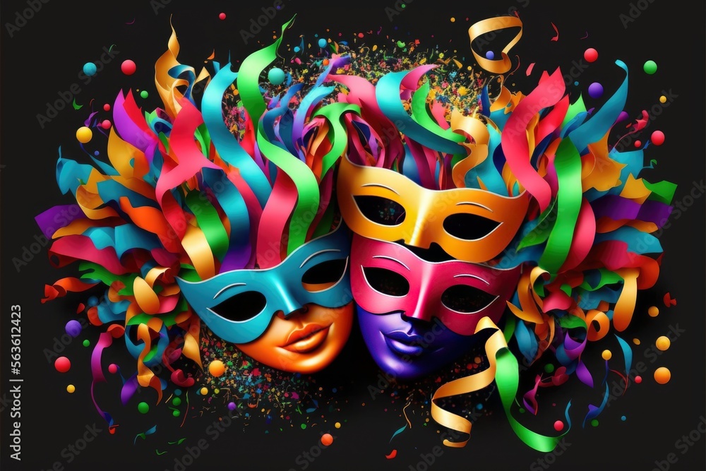 Concept of the Carnival. Colorful masks, crazy wigs, symbol of the explosion of joy and color. Black background. Generative AI