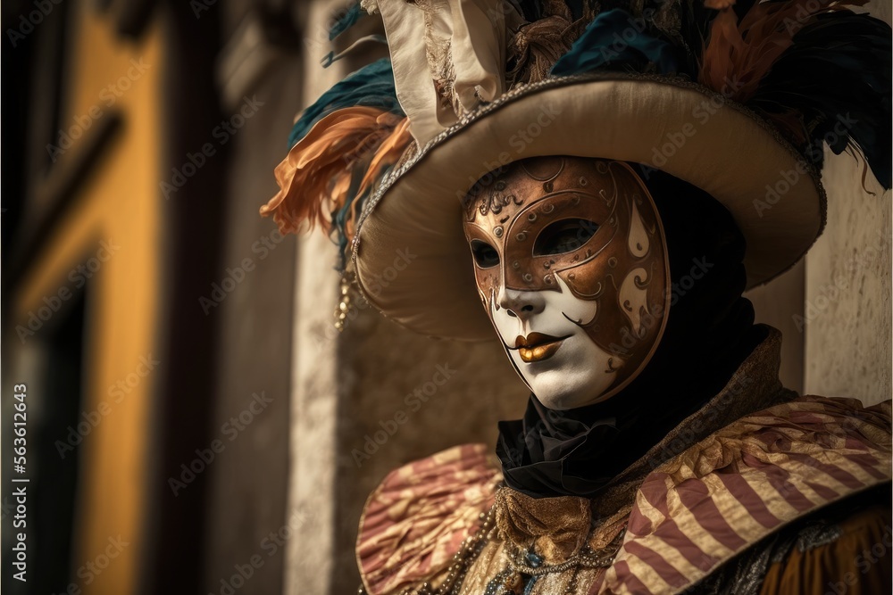 A luxurious golden male costume of Venice Carnival. Character on a black background. Generative AI - obrazy, fototapety, plakaty 