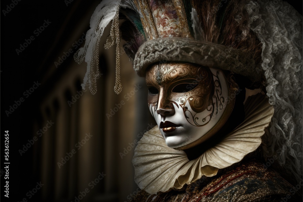 A luxurious golden male costume of Venice Carnival. Character on a black background. Generative AI A luxurious golden male costume of Venice Carnival. Character on a black background. Generative AI