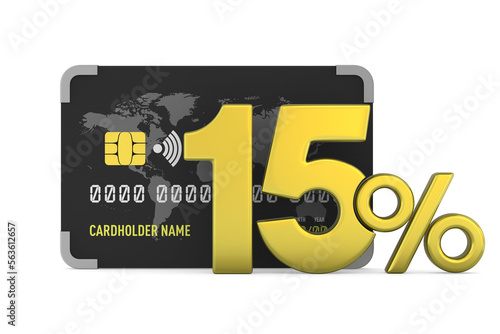 credit card and 15 percent on white background. Isolated 3D illustration