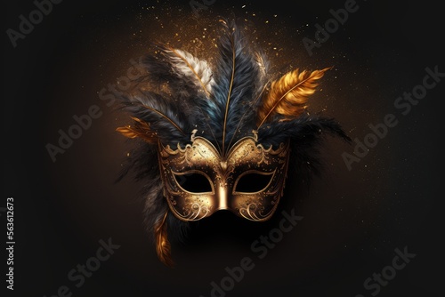 A luxurious golden mask with feathers on a black background. Generative AI