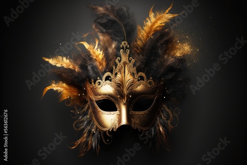 A luxurious golden mask with feathers on a black background. Generative AI