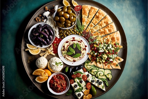  a plate of various types of mezze or tapas, with different dips, spreads, and small plates of appetizers. Professional food photography, fresh color background, created  whit  Generative AI photo