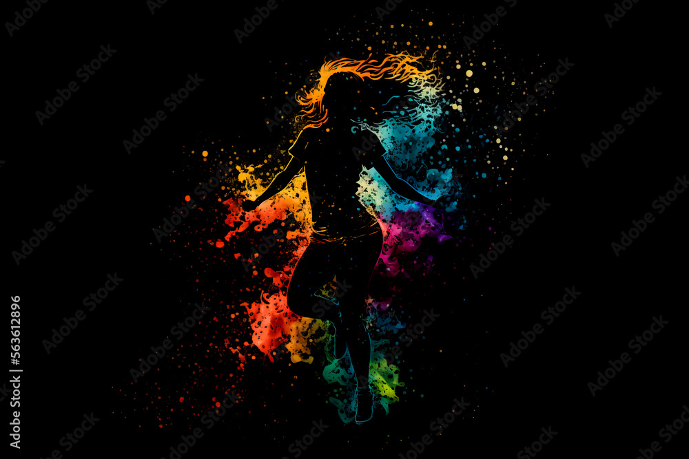 Female dance in abstract multi color paint explosion on black background. Freeze motion female jump through paint splash. Paint clouds with person silhouette on black background, Generative AI.